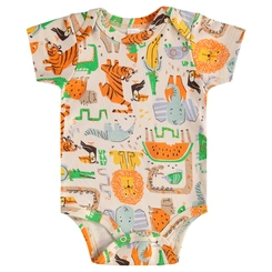 Body Manga Curta em Suedine Estampa Bichinhos - Bege