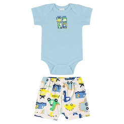 Conjunto Body e Short em Suedine Estampa Abstrata Divertida - Azul Cool