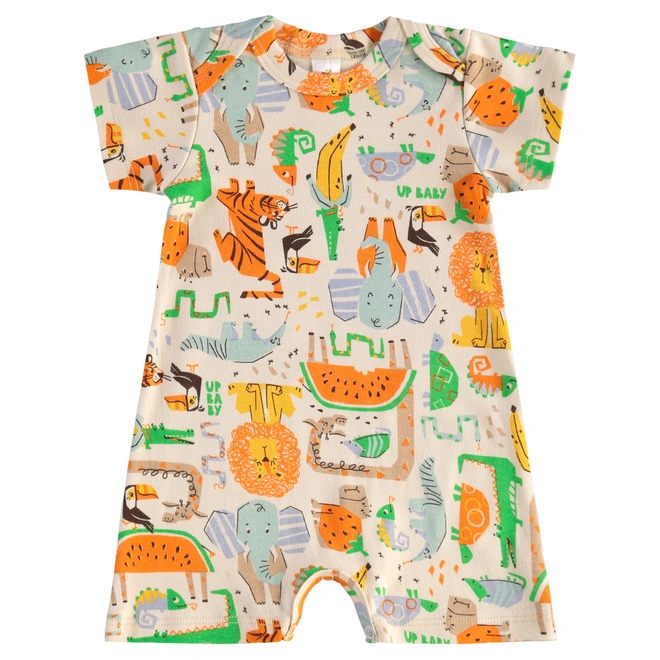 Macaquinho Manga Curta Em Suedine Estampa Bichinhos - Bege