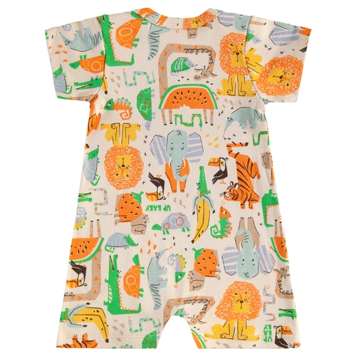 Macaquinho Manga Curta Em Suedine Estampa Bichinhos - Bege