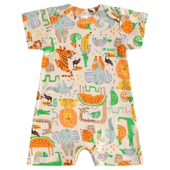 Macaquinho Manga Curta Em Suedine Estampa Bichinhos - Bege