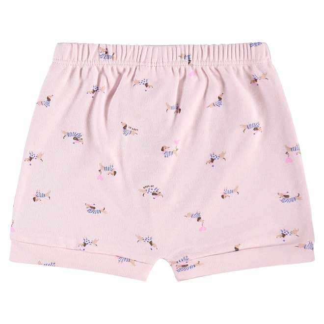 Conjunto Body Meia Manga com Short em Suedine Estampa de Cachorrinhos - Natural/Rosa