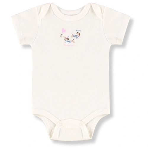 Conjunto Body Meia Manga com Short em Suedine Estampa de Cachorrinhos - Natural/Rosa