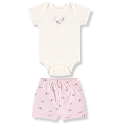 Conjunto Body Meia Manga com Short em Suedine Estampa de Cachorrinhos - Natural/Rosa