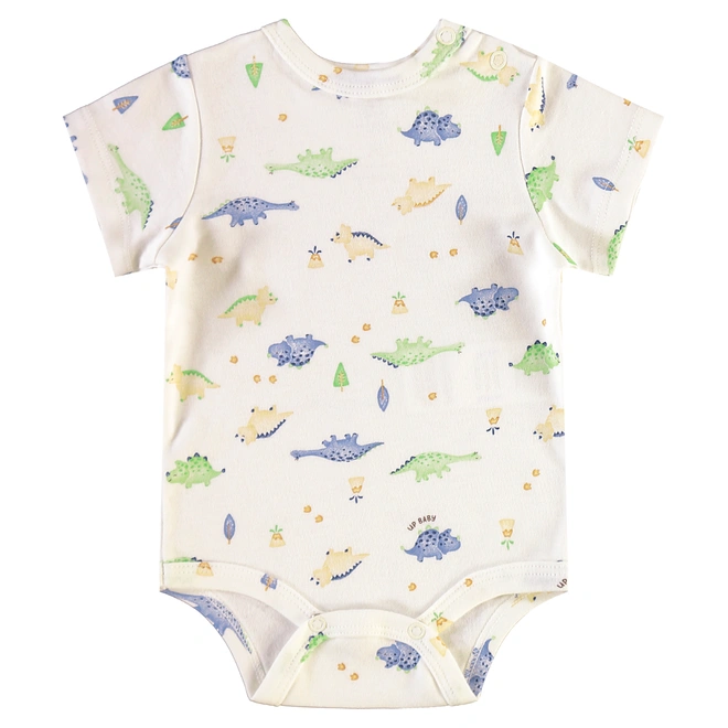 Conjunto Body Manga Curta e Short em Suedine Estampa Dinossauro - Natural/Marrom