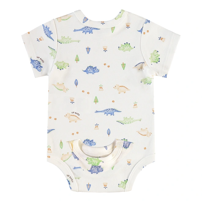 Conjunto Body Manga Curta e Short em Suedine Estampa Dinossauro - Natural/Marrom