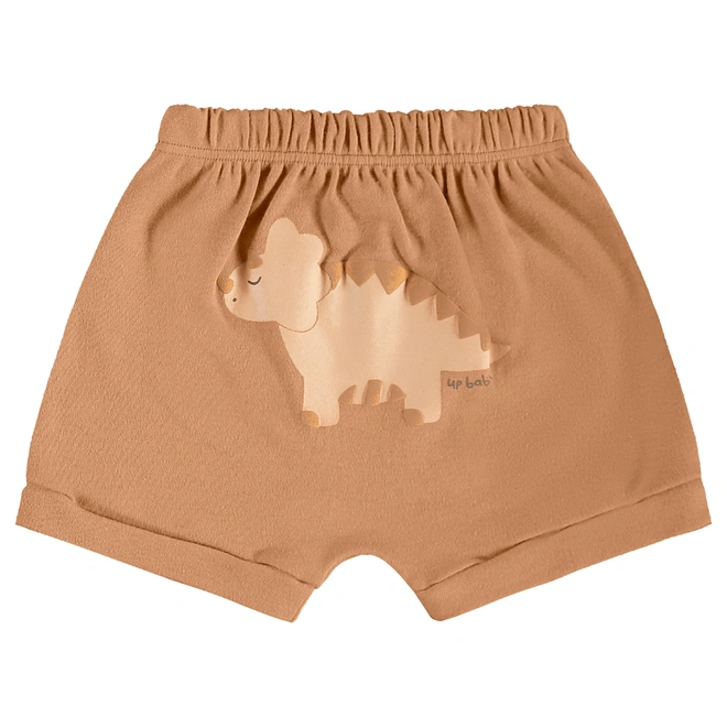 Conjunto Body Manga Curta e Short em Suedine Estampa Dinossauro - Natural/Marrom