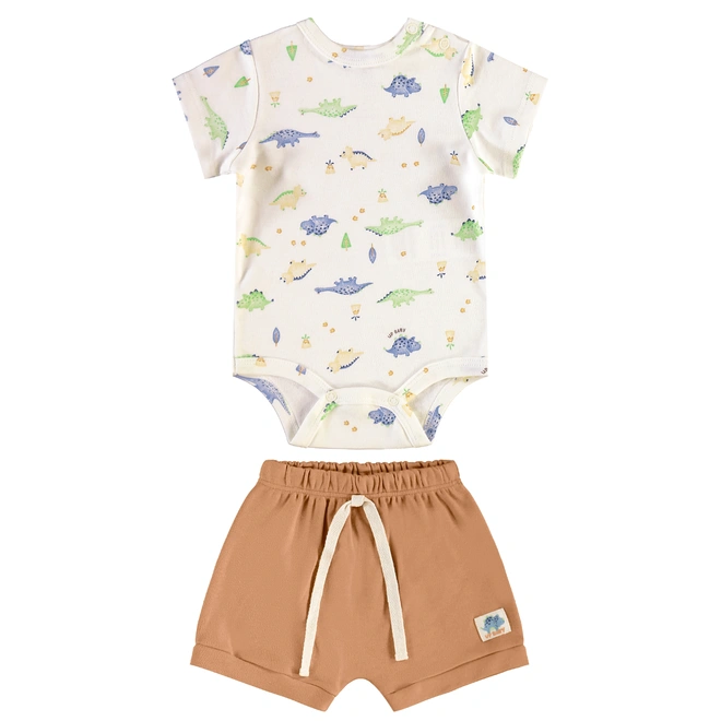 Conjunto Body Manga Curta e Short em Suedine Estampa Dinossauro - Natural/Marrom