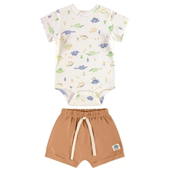 Conjunto Body Manga Curta e Short em Suedine Estampa Dinossauro - Natural/Marrom