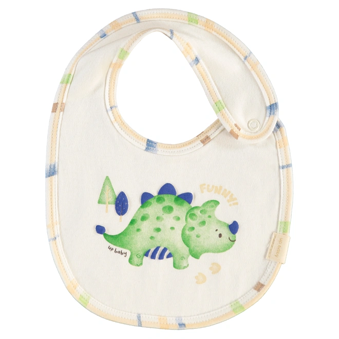 Babador em Suedine Estampa Dinossauro e Listras - Bege