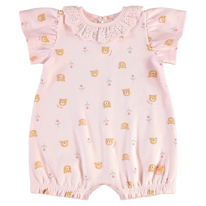 Macaquinho Manga Curta em Suedine Estampa Ursinhos - Rosa