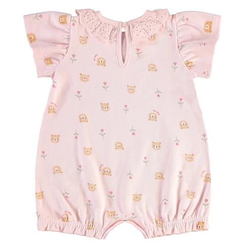 Macaquinho Manga Curta em Suedine Estampa Ursinhos - Rosa