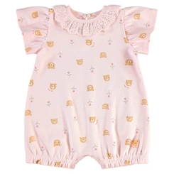 Macaquinho Manga Curta em Suedine Estampa Ursinhos - Rosa