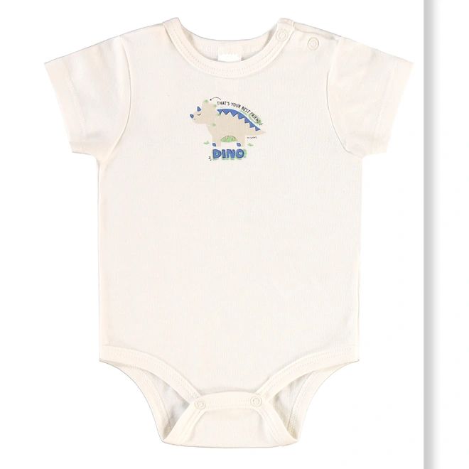 Conjunto Body Manga Curta e Calça em Suedine Estampa Dinossauro e Listras - Natural