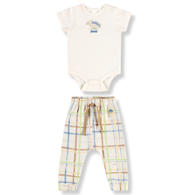 Conjunto Body Manga Curta e Calça em Suedine Estampa Dinossauro e Listras - Natural