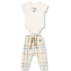 Conjunto Body Manga Curta e Calça em Suedine Estampa Dinossauro e Listras - Natural