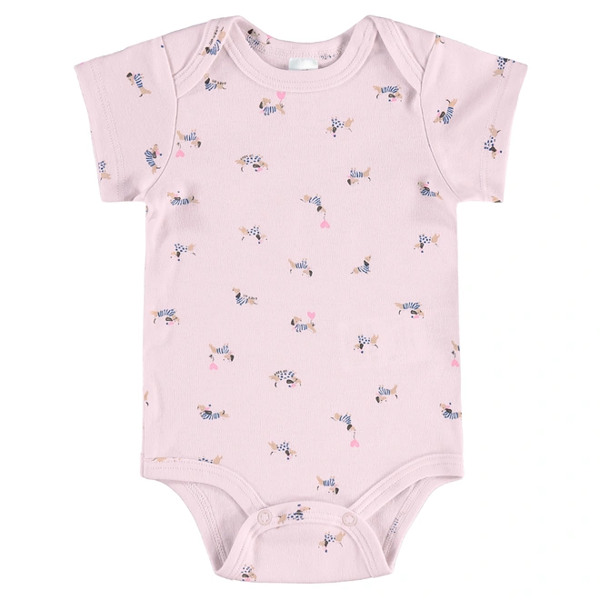 Body Manga Curta em Suedine Estampa de Cachorrinhos - Rosa