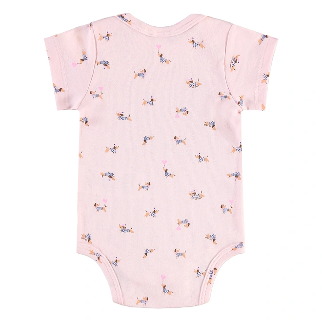 Body Manga Curta em Suedine Estampa de Cachorrinhos - Rosa