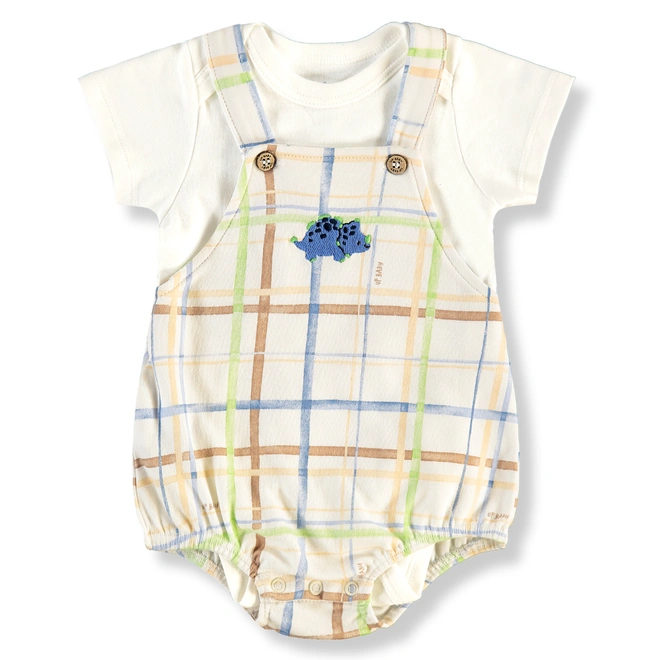 Conjunto Body com Jardineira em Suedine Estampa de Listras - Natural