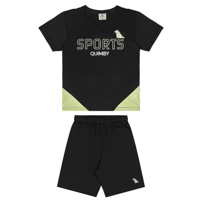 Conjunto Camiseta e Bermuda em Malha Dry Fit - Preto