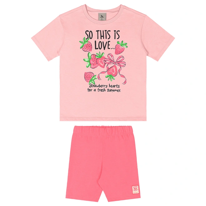 Conjunto Blusa em Malha e Bermuda em Cotton Strawberry - Rosa