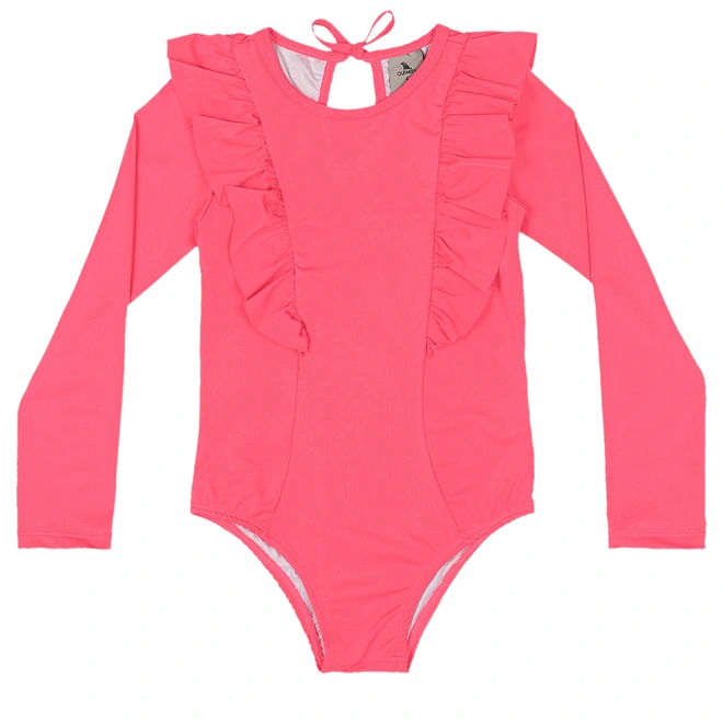 Maiô em Malha Poliester com Babados - PInk Neon