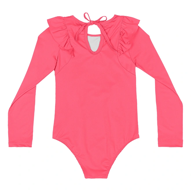 Maiô em Malha Poliester com Babados - PInk Neon