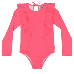 Maiô em Malha Poliester com Babados - PInk Neon