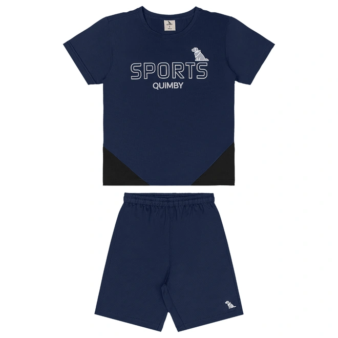 Conjunto Camiseta e Bermuda em Malha Dry Fit - Azul Escuro