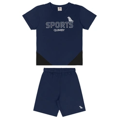 Conjunto Camiseta e Bermuda em Malha Dry Fit - Azul Escuro