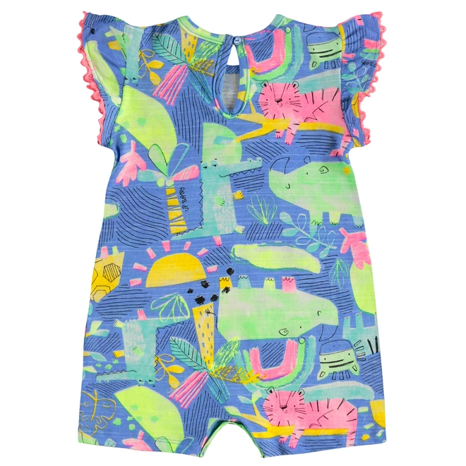 Macaquinho com Faixa em Malha Flamê Estampa Abstrata - Azul