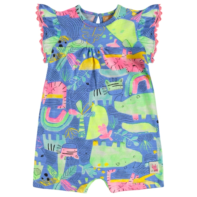 Macaquinho com Faixa em Malha Flamê Estampa Abstrata - Azul