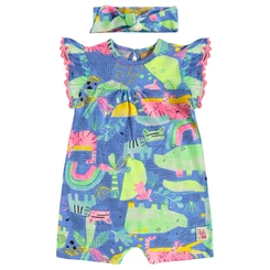 Macaquinho com Faixa em Malha Flamê Estampa Abstrata - Azul