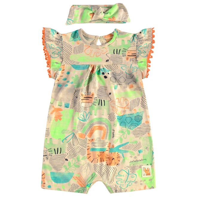 Macaquinho com Faixa em Malha Flamê Estampa Abstrata - Bege