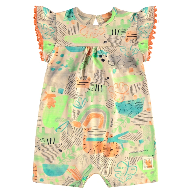 Macaquinho com Faixa em Malha Flamê Estampa Abstrata - Bege