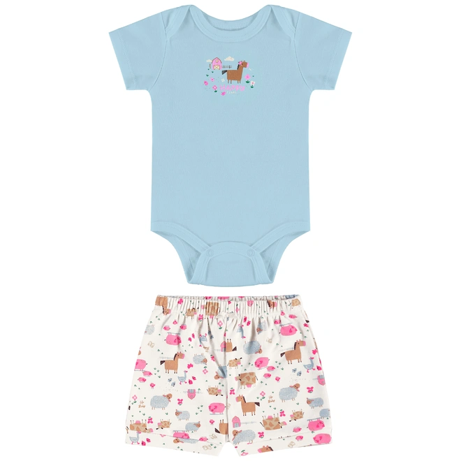 Conjunto Body Meia Manga com Short em Suedine Estampa Abstrata Bichinhos - Azul Delicado