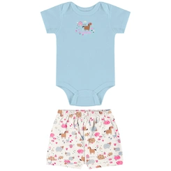 Conjunto Body Meia Manga com Short em Suedine Estampa Abstrata Bichinhos - Azul Delicado