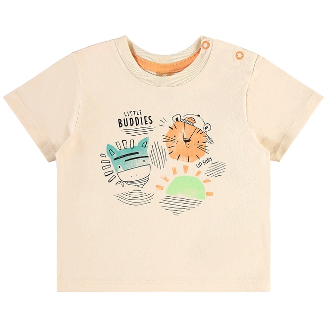 Conjunto Camiseta em Malha e Bermuda em Moletom sem Felpa Estampa Tigre Abstrato - Bege