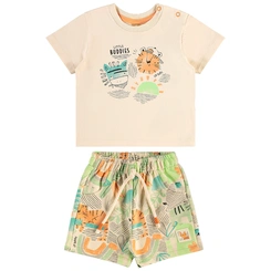 Conjunto Camiseta em Malha e Bermuda em Moletom sem Felpa Estampa Tigre Abstrato - Bege