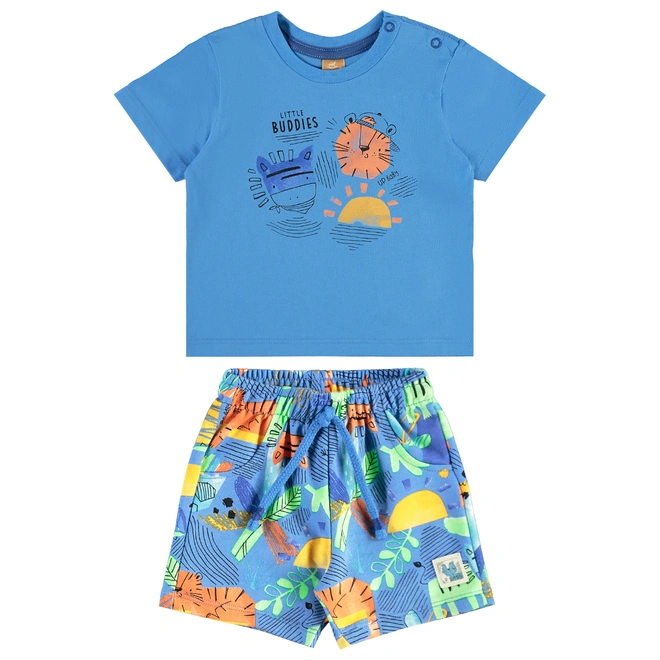 Conjunto Camiseta em Malha e Bermuda em Moletom sem Felpa Estampa Tigre Abstrato - Azul Ethereal