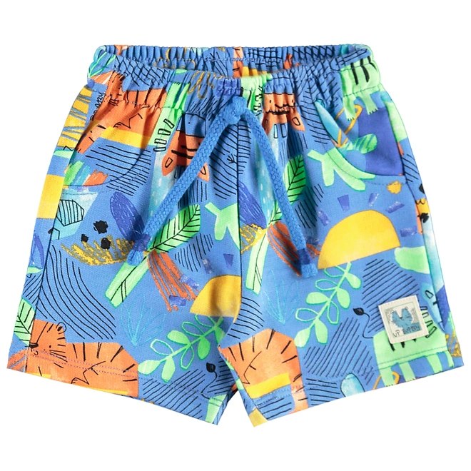 Conjunto Camiseta em Malha e Bermuda em Moletom sem Felpa Estampa Tigre Abstrato - Azul Ethereal