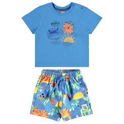 Conjunto Camiseta em Malha e Bermuda em Moletom sem Felpa Estampa Tigre Abstrato - Azul Ethereal