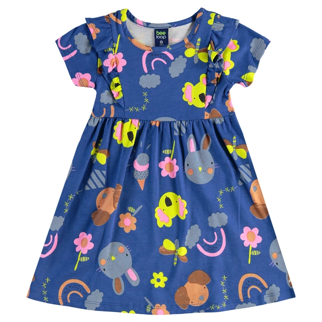 Vestido Manga Curta em Cotton Floral - Azul