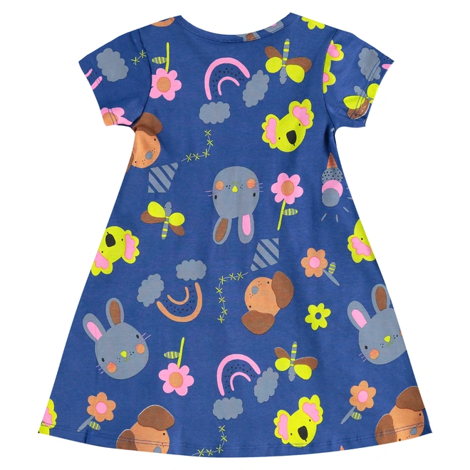 Vestido Manga Curta em Cotton Floral - Azul