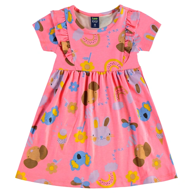 Vestido Manga Curta em Cotton Floral - Pink