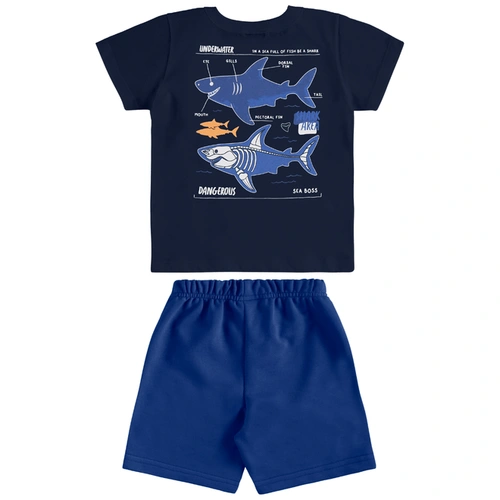 Conjunto Camisa Meia Manga em Malha e Bermuda em Microfibra Tubarão - Azul Escuro