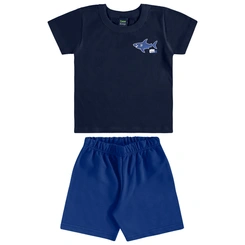 Conjunto Camisa Meia Manga em Malha e Bermuda em Microfibra Tubarão - Azul Escuro
