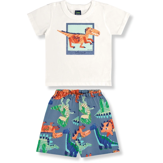 Conjunto Camisa Meia Manga em Malha e Bermuda em Microfibra Dino - Natural