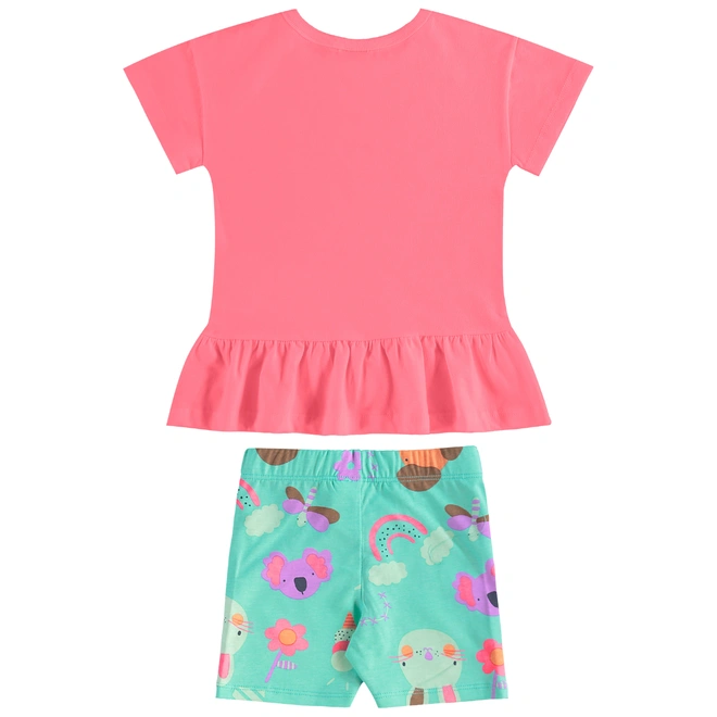 Conjunto Blusa em Malha e Bermuda em Cotton Floral - Pink Neon/Verde
