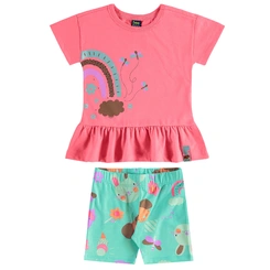 Conjunto Blusa em Malha e Bermuda em Cotton Floral - Pink Neon/Verde